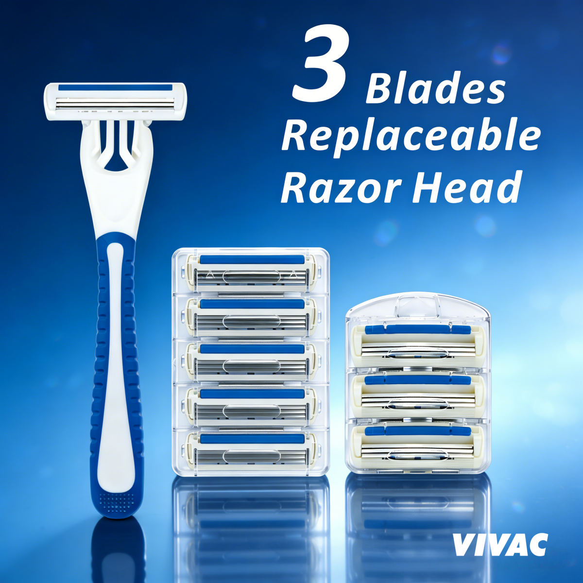 VIVAC CX-T42 disposable safety razor with three-blade replacement cartridges, blue handle, on blue background